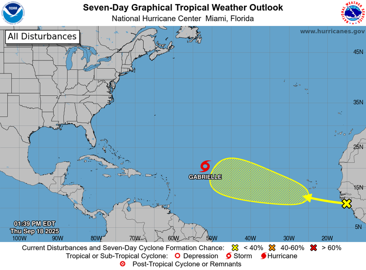 The hurricane center held steady its low chances of development for the tropical wave in the eastern Atlantic.