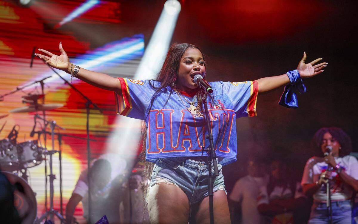 Haitian singer Anie Alerte performs during the 28th Annual Haitian Compas Festival at The NoMI Village celebrating Haitian Flag Day, in North Miami, Florida on Saturday, May 16, 2026.