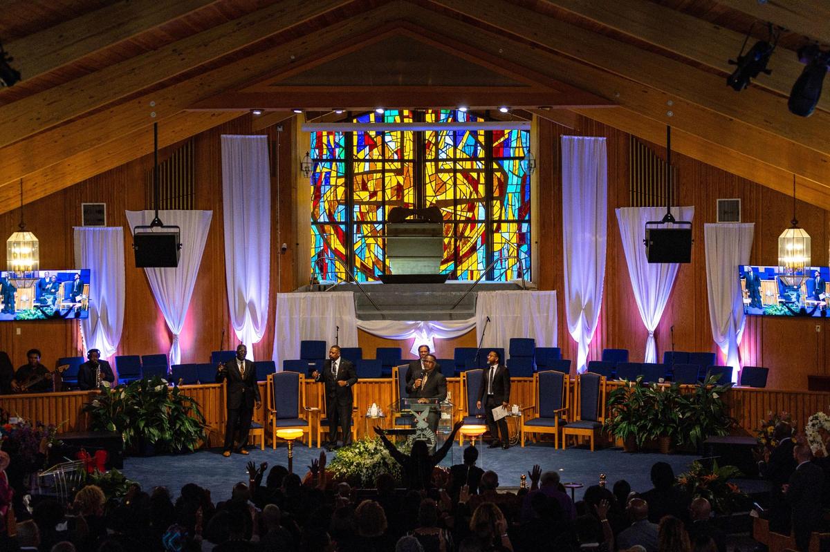 Pastor Arthur Jackson III gives the invocation during a celebration of life for former Miami Gardens Mayor Shirley Murray Gibson at New Way Fellowship and Praise Worship Center in Miami Gardens, Florida, on Tuesday, October 24, 2023.
