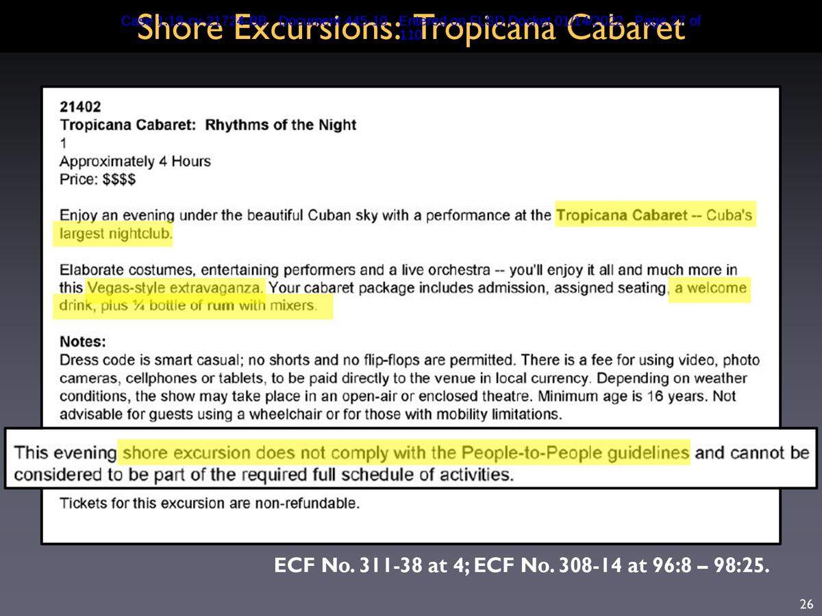 Captura de pantalla de una presentación de PowerPoint de los abogados de Havana Docks presentada en un tribunal federal de Miami. Carnival vendió esta excursión Tropicana a sus pasajeros.