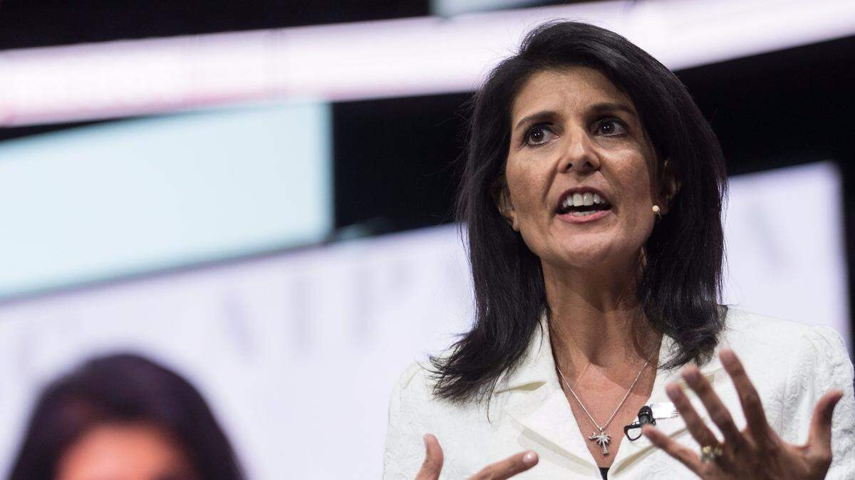 U.S. Ambassador to the United Nations Nikki Haley addresses the American Israel Public Affairs Committee in 2017. She resigned Tuesday, but will remain in the position until year’s end.