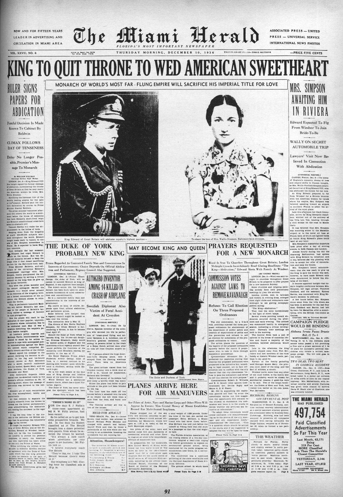 Dec. 10, 1936, England’s King Edward VIII quits throne to marry Wallis Simpson, an American.