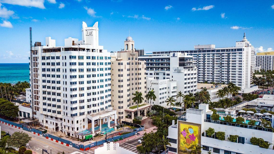Owners of the Delano and National hotels, at left, along a historic 1940s strip on Collins Avenue in South Beach have objected to plans by the owners of the adjacent Sagamore and Ritz-Carlton hotels for a 15-story luxury condo that would rise behind their properties. The Delano, closed for years, is undergoing a $100 million gut renovation under new owners. The massive Decoplage condo from 1965 sits on Lincoln Road at right.