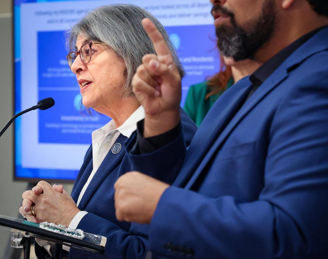 Mayor Daniella Levine Cava, left, unveils her 2026 budget proposal, which includes cuts to county charity grants to close a projected deficit of more than $400 million, as interpreter Alexander Fernandez, right, signs for the hearing impaired on Tuesday, July 15, 2025, in Miami.