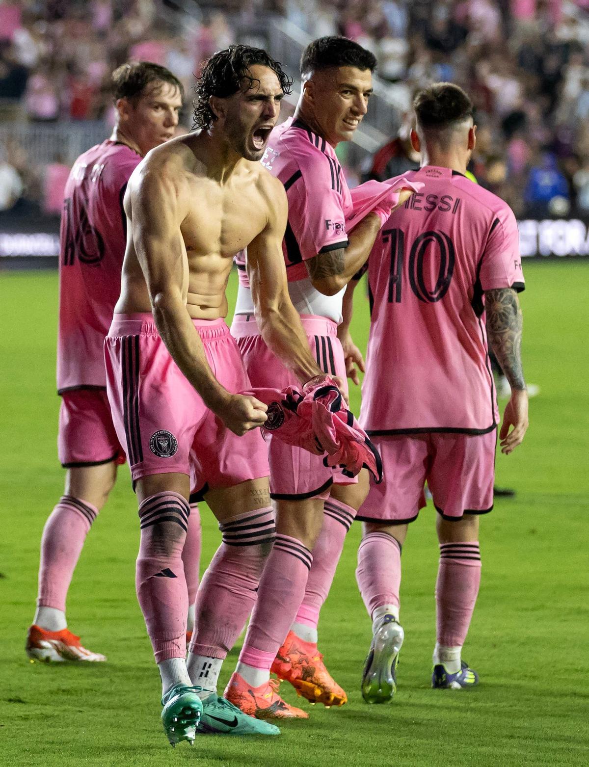 Inter Miami forward Leonardo Campana (8) reacts after scoring a goal in second half of their MLS match against D.C. United at Chase Stadium on Saturday, May 18, 2024, in Fort Lauderdale, Fla.