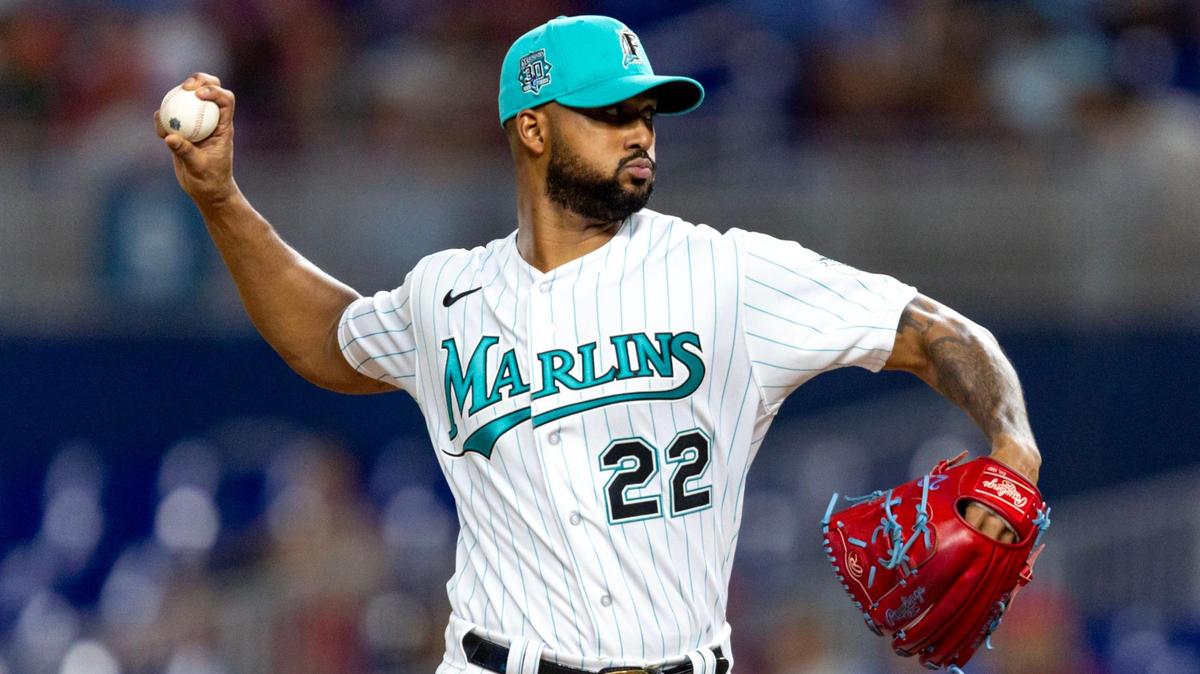 Miami Marlins pitcher Sandy Alcantara (22) throws a pitch during the first inning of an MLB game against the Philadelphia Phillies at loanDepot park in the Little Havana neighborhood of Miami, Florida, on Friday, July 7, 2023.