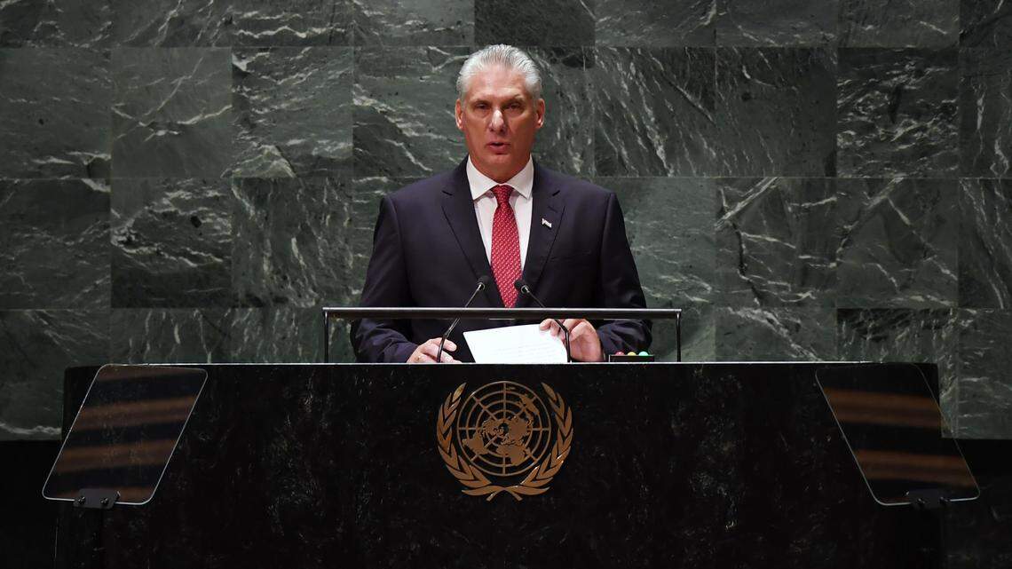 Cuban leader Miguel Diaz-Canel Bermudez delivers a speech at the General Debate of the 78th session of the UN General Assembly at the UN headquarters in New York, on Sept. 19, 2023.