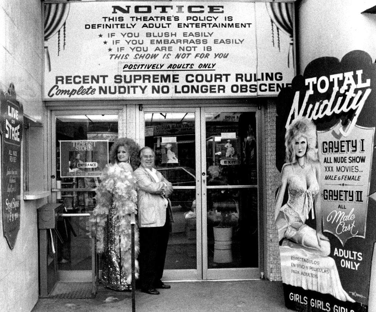 Burlesque performer Tempest Storm with owner Leroy Griffith at the Gayety in Miami Beach in 1989.