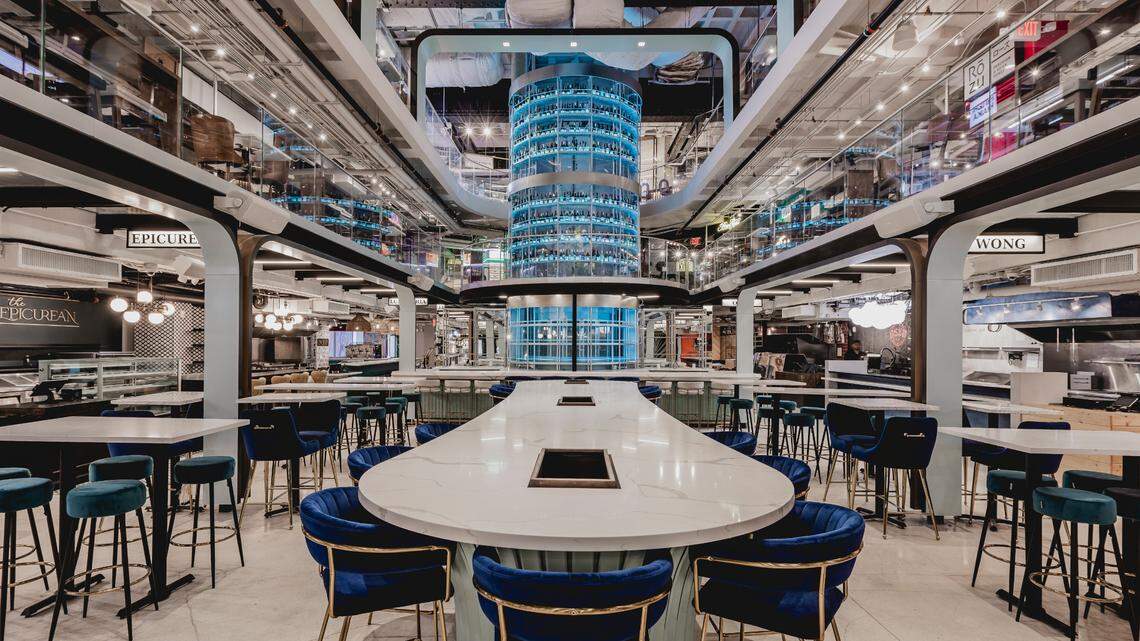 The three-story wine tower of La Epoca natural wine bar is the centerpiece of the new Julia & Henry’s downtown Miami food hall and entertainment destination.