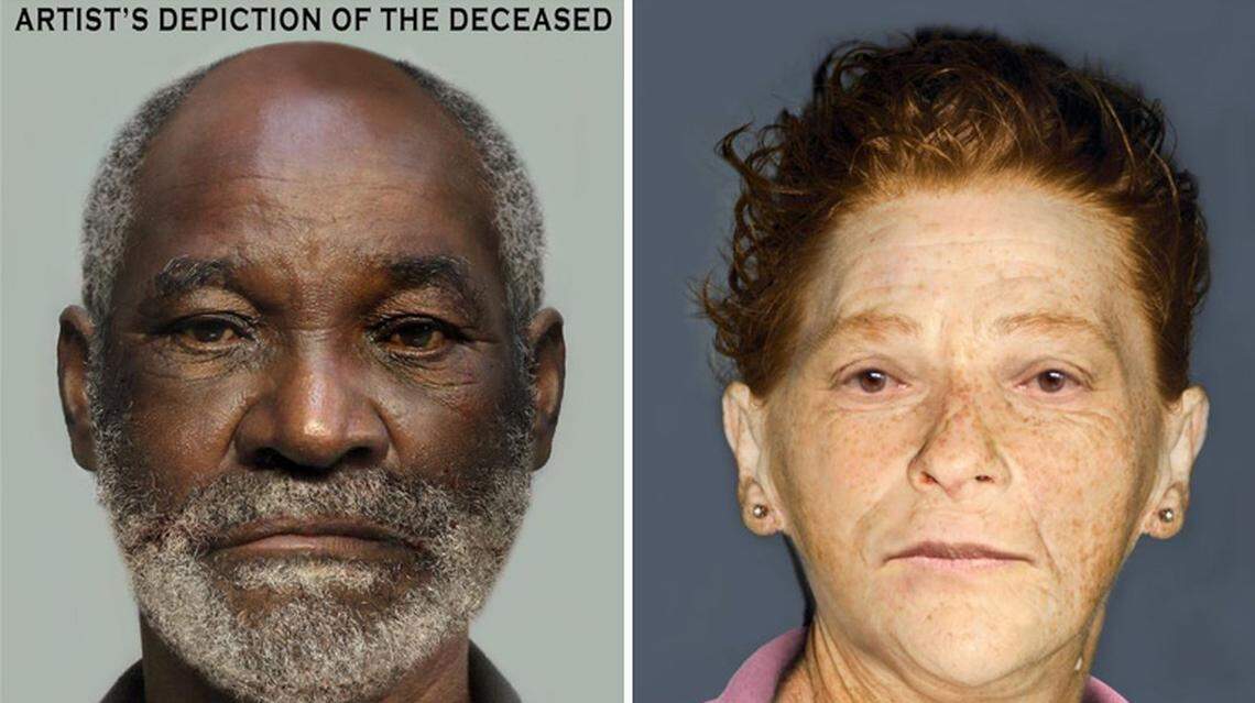 Artists renderings of two unidentified decedents in Miami-Dade. The man on the left was found on Jan. 24, 2021, on West Okeechobee Road and Northwest 170th Street. The woman on the right was discovered on Interstate 95 at Miami Gardens Drive on Feb. 7, 2020.