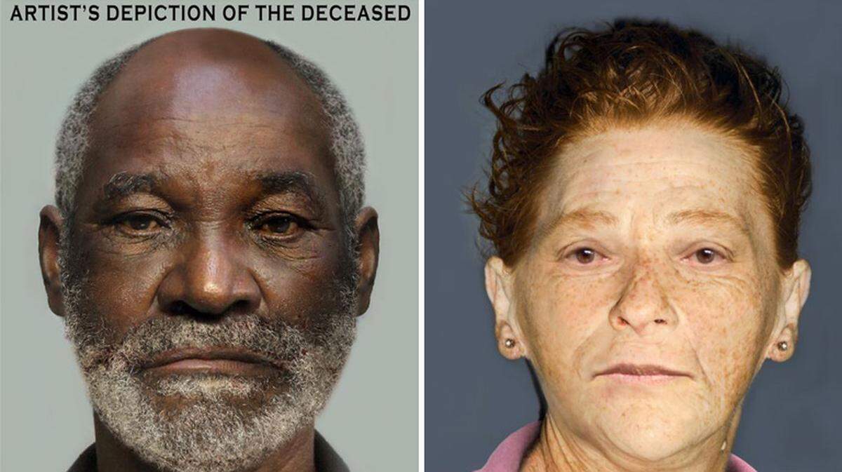 Representación artística de dos fallecidos no identificados en Miami-Dade. El hombre de la izquierda fue encontrado el 24 de enero de 2021 en West Okeechobee Road y Northwest 170th Street. La mujer de la derecha fue descubierta en la Interestatal 95 en Miami Gardens Drive el 7 de febrero de 2020.