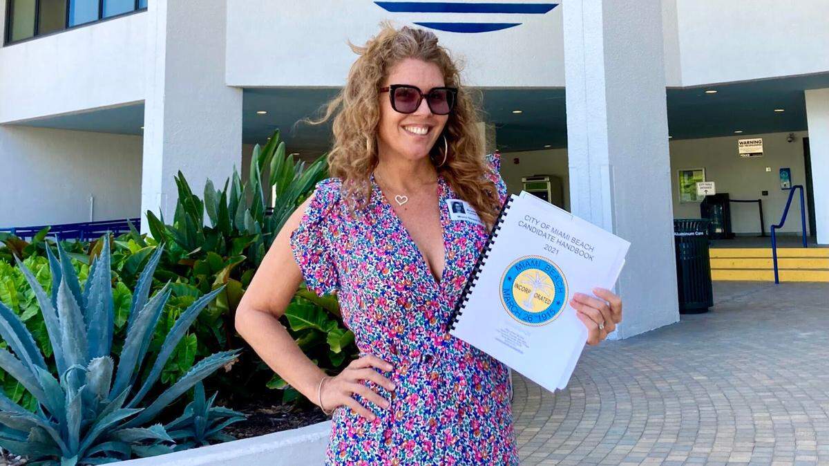 Miami Beach Commission candidate Kristen Rosen Gonzalez stands in front of City Hall after filing to run in the November election. Rosen Gonzalez previously served as a city commissioner.