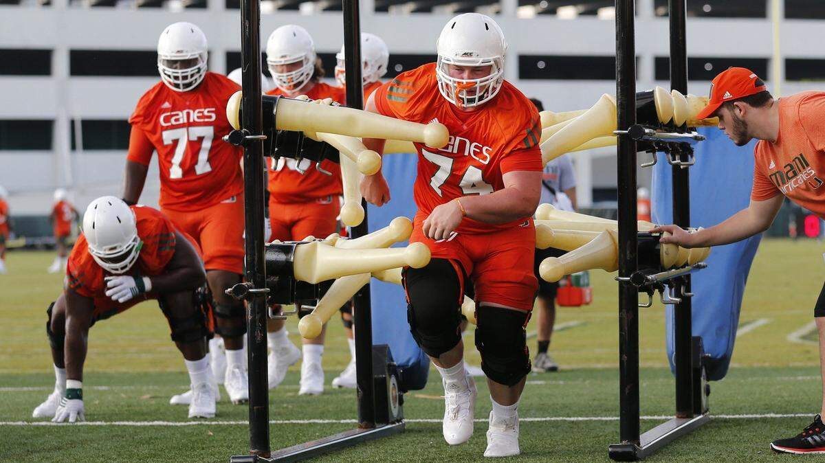 Tyler Gauthier, pictured here going through a drill at practice, was named to the watch list for the Outland Trophy, given annually to college football’s best interior lineman.