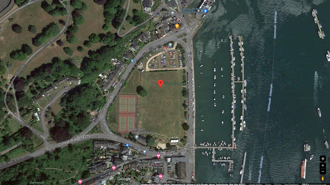Radar scans of a Dartmouth park showed “two long shapes,” potentially a World War I submarine of “local legend” and a German torpedo boat, researchers said. Photo shows a satellite view of Coronation Park.