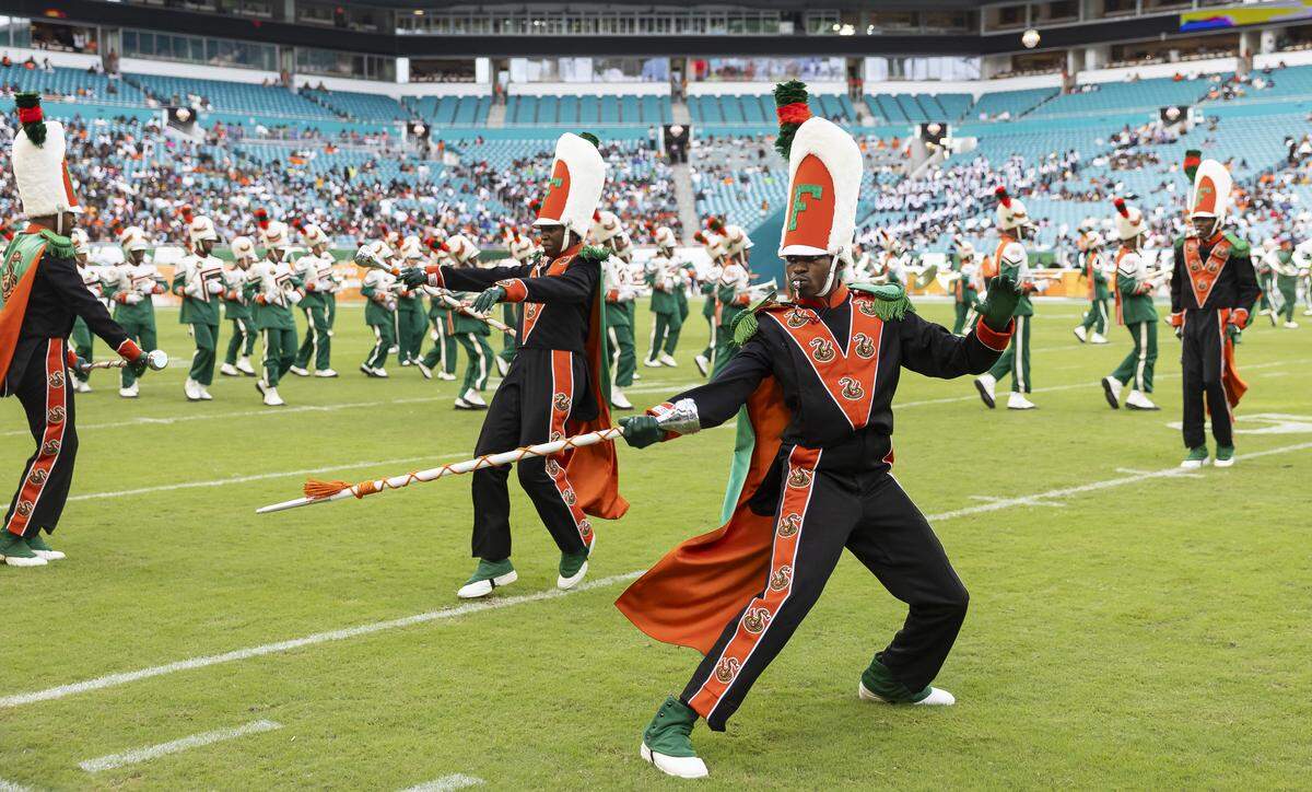 The Marching 100 performs during the halftime of the Orange Blossom Classic football game between Howard Bison and Florida A&M Rattlers at Hard Rock Stadium on Saturday, Aug. 30, 2025, in Miami Gardens, Fla.