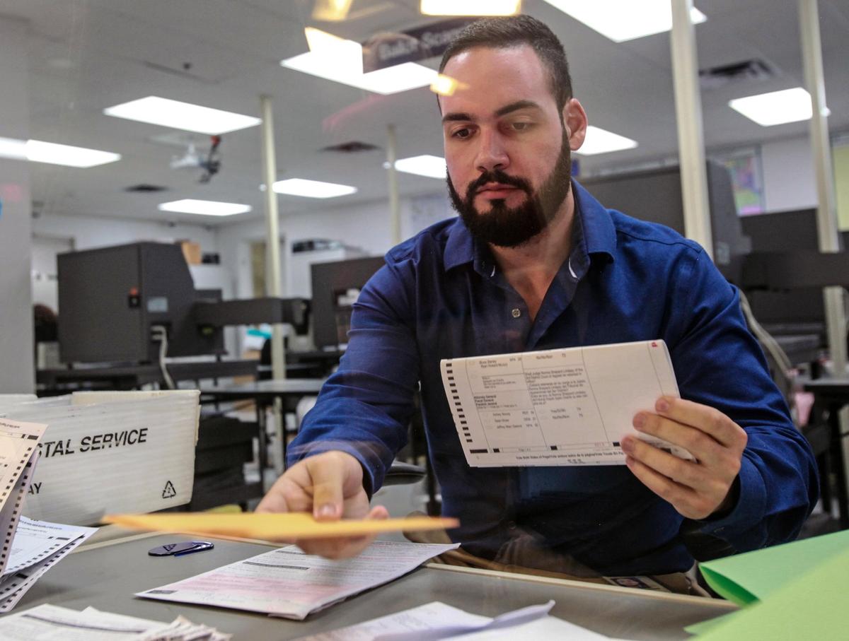 At the Miami-Dade County Elections Department in Doral, canvassing board members review uncounted ballots on Thursday, Nov. 8, 2018.