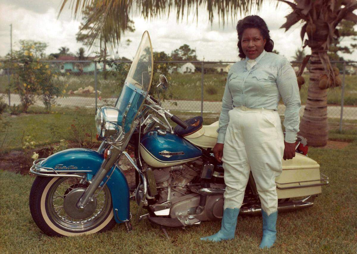 Bessie Stringfield, the first Black woman to ride solo across America on a motorcycle, crisscrossed the country eight times on her Harley-Davidsons. Stringfield favored the color blue and sometimes wore outfits to match her Harley. Her former Miami Gardens house was painted blue for all the decades that she lived there. Today, though, the house has been renovated and painted white by the new owner.