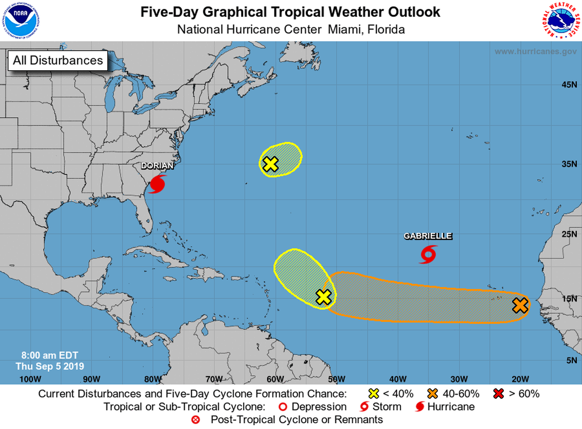 The National Hurricane Center’s 8 a.m. tropical weather outlook for September 5, 2019.
