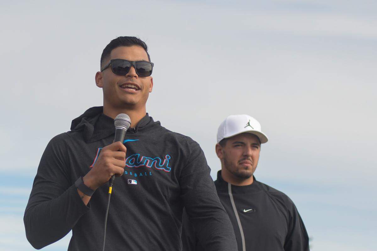 Miami Marlins pitcher Jesus Luzardo addresses a group of youth baseball players ahead of the Luzardo and Welker Baseball Clinic at Stoneman Douglas High in Parkland, Florida, on Saturday, Jan. 20, 2024. Luzardo and high school teammate Colton Welker, both Stoneman Douglas alums, have held a baseball clinic at the school together for the past four years.