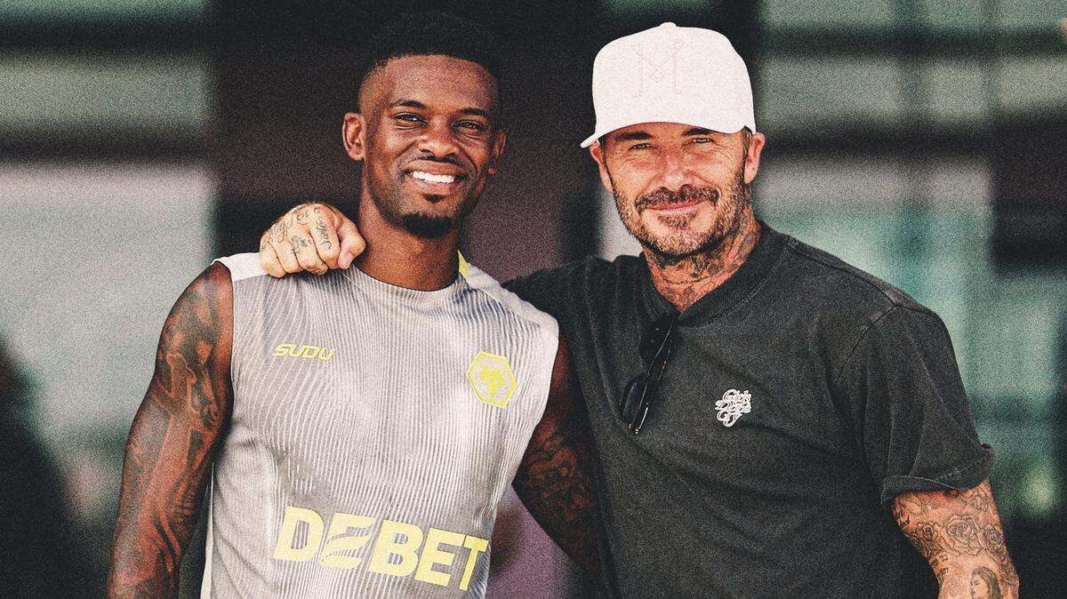 Inter Miami co-owner David Beckham stopped by Wolves practice on Friday morning as the English Premier League team prepared to play German Bundesliga’s Leipzig in a preseason friendly Saturday at Chase Stadium. Here he poses with Nelson Semedo.