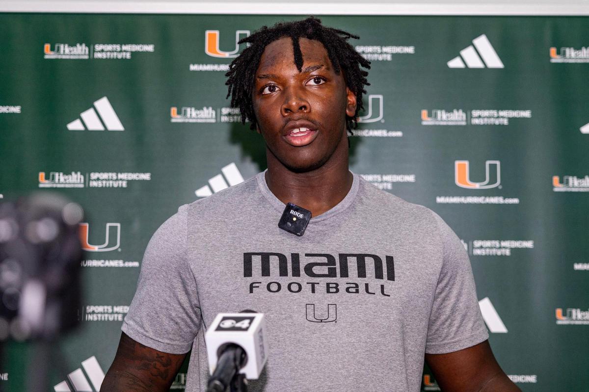 Miami Hurricanes tight end Elija Lofton speaks to reporters after practice at the Carol Soffer Indoor Practice Facility in Coral Gables, Florida, on Tuesday, April 2, 2024.