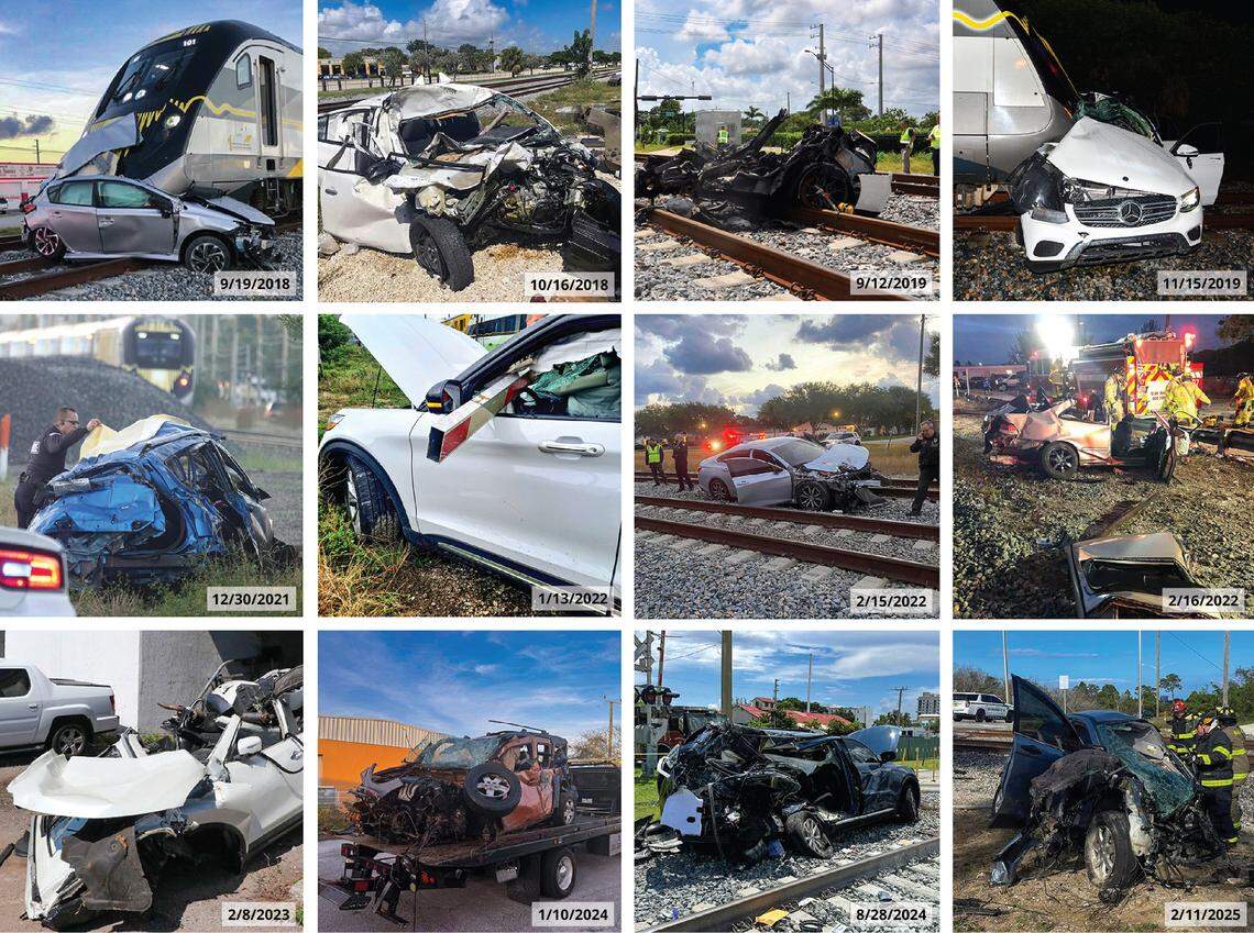 Brightline trains have hit vehicles at least 167 times since starting operations in 2018; 21 of those crashes killed people. Image credits: Hallandale Beach Fire Rescue, Pompano Beach Rescue, Broward Sheriff’s Office, Miami-Dade Sheriff’s Office, Joe Cavaretta for the South Florida Sun Sentinel, Miami Fire Rescue, Delray Beach Fire Rescue, Palm Beach County Fire Rescue, National Transportation Safety Board, Melbourne Mayor Paul Alfrey’s Facebook, Broward Sheriff’s Office, Malabar Fire Department