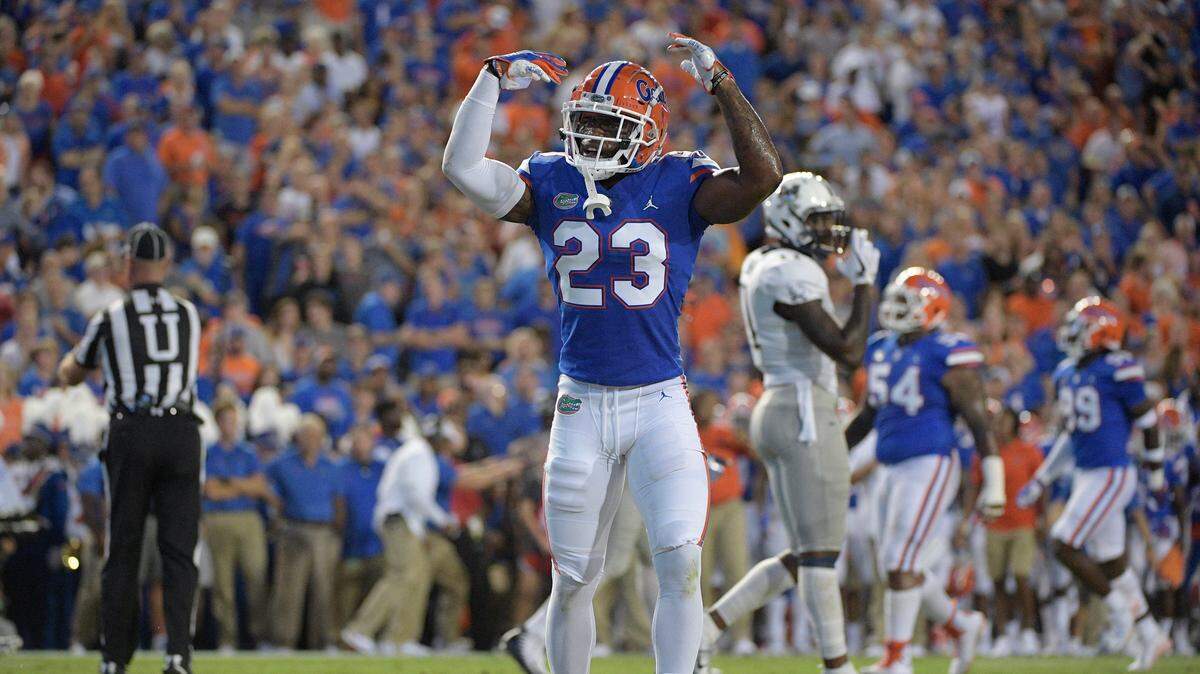 Florida defensive back Chauncey Gardner-Johnson (23) encourages the crowd in the stands during the first half of an NCAA college football game against Charleston Southern Saturday, Sept. 1, 2018, in Gainesville, Fla.
