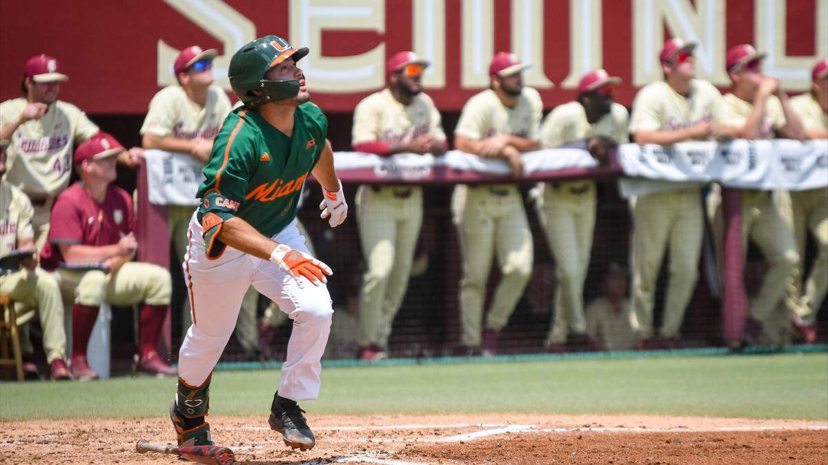 UM’s Dorian Gonzalez hit the sac fly that tied the rubber game at FSU on Sunday, May 15, 2022. The Seminoles eventually won 6-4.