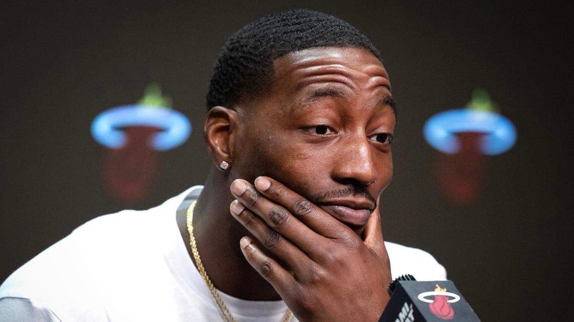 Miami Heat center Bam Adebayo (13) speaks to reporters during end-of-season exit interviews at Kaseya Center in Miami on May 3, 2024.