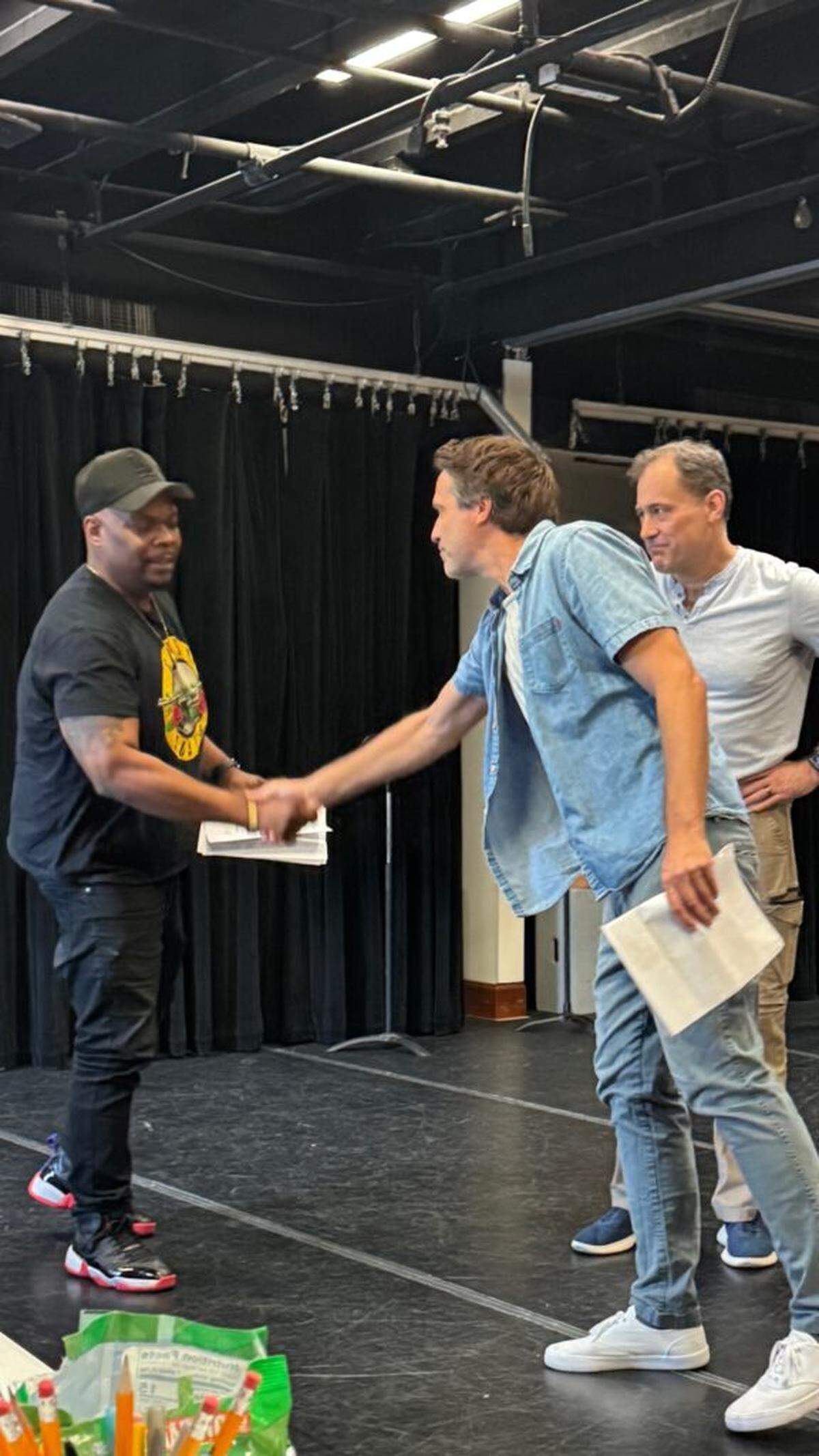 Actor Don Seward is Charles DeLancy, Caleb Scott is Frank Harris, and Jim Ballard is George Merrick in “Greetings from Paradise” by June Thomson Morris.