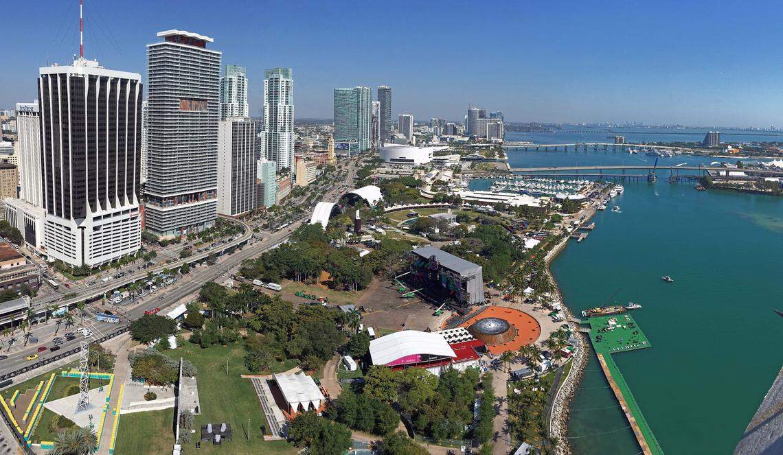 An aerial view of the 2017 Ultra Music Festival as workers set up the event in Bayfront Park.