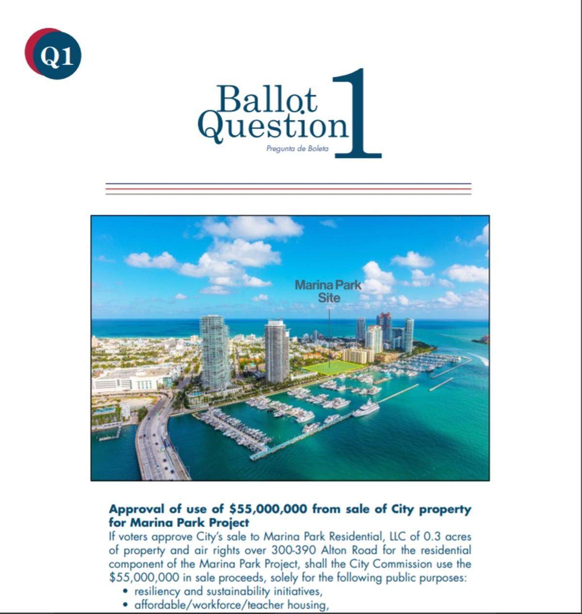 The voter’s guide that the city of Miami Beach sent to residents and published online does not include a rendering of the proposed Marina Park project.