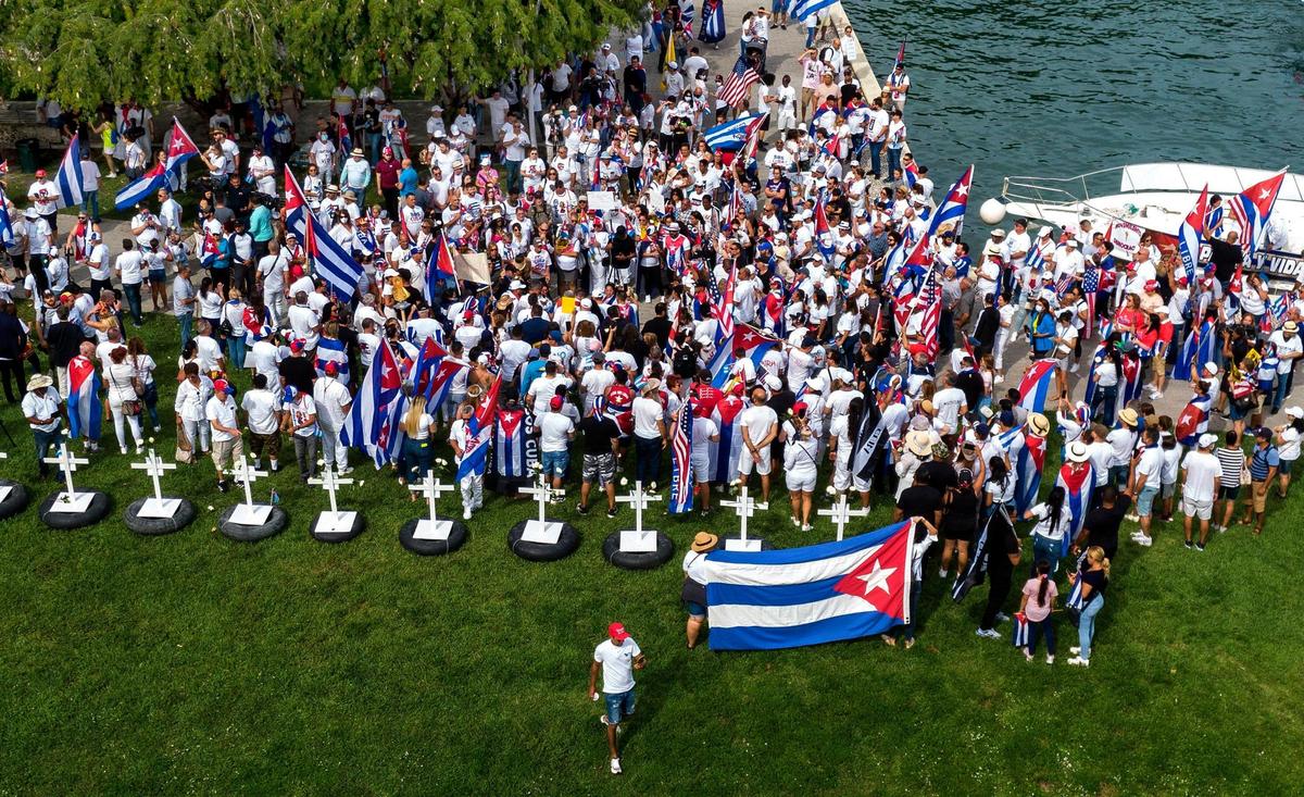 Cuban exiles gathered at Museum Park after a car caravan organized by the Assembly of the Cuban Resistance through the streets of Miami from the Cuban Memorial in Tamiami Park to the Freedom Tower in Downtown Miami, to show support of the upcoming demonstrations that will take place throughout Cuba including the 15N pacific march called by the Archipelago group, on Sunday November14 2021.