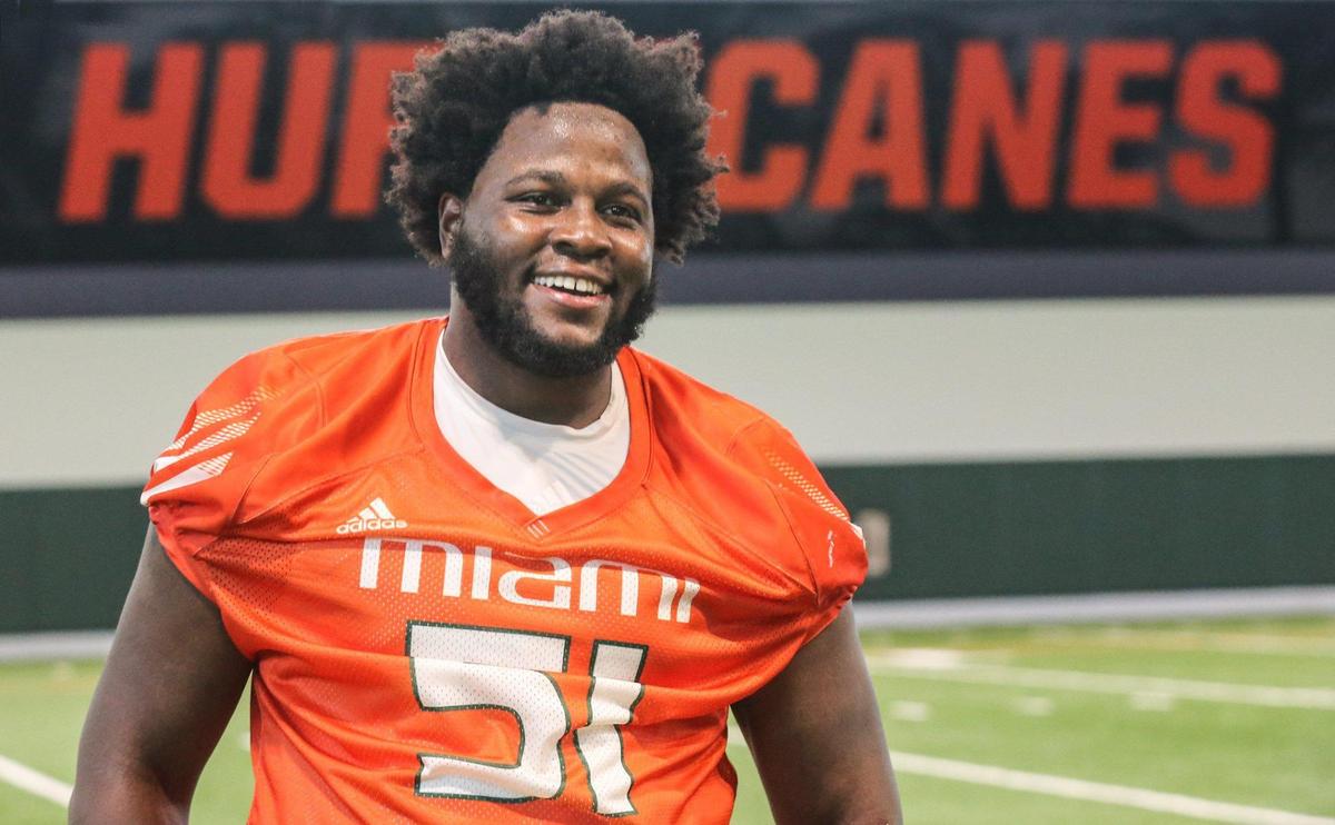 Miami Hurricanes offensive lineman DJ Scaife, Jr. (51) walks away after speaking to reporters at the University of Miami in Coral Gables on Tuesday, August 9, 2022.