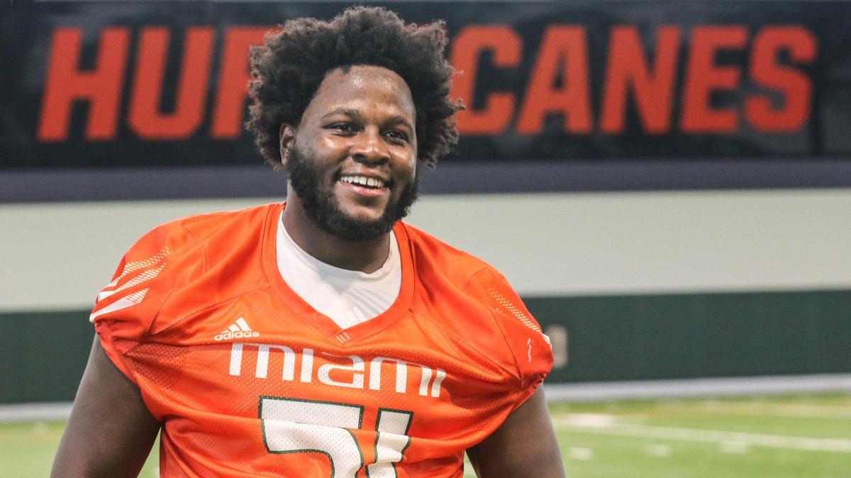 Miami Hurricanes offensive lineman DJ Scaife, Jr. (51) walks away after speaking to reporters at the University of Miami in Coral Gables on Tuesday, August 9, 2022.
