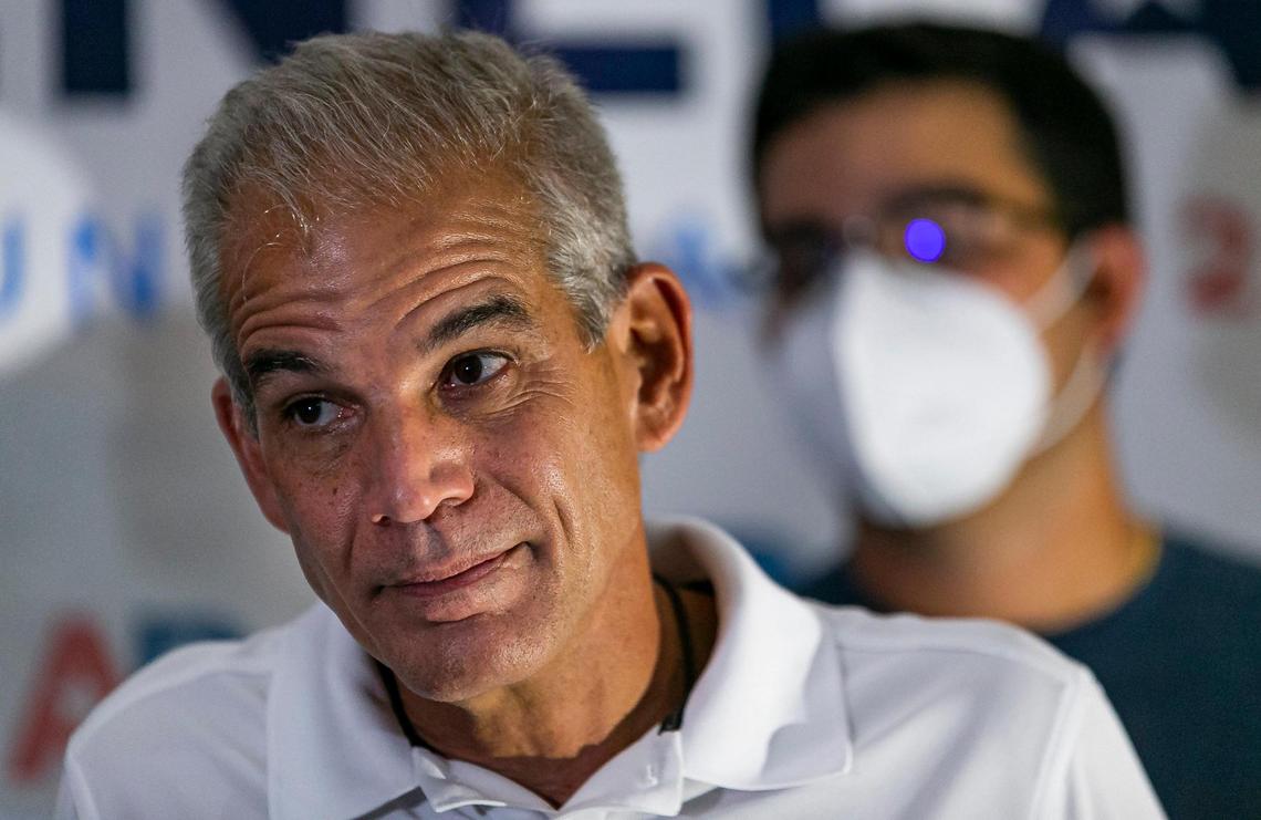Alex Penelas speaks to the press after placing third in the race for Miami-Dade mayor on election night outside of his campaign headquarters in Miami Lakes, Florida on Tuesday, August 18, 2020. By placing third, Penelas is disqualified from the race and the top two contenders, Danielle Levine Cava and Esteban ÒSteveÓ Bovo, will compete in a November run-off.
