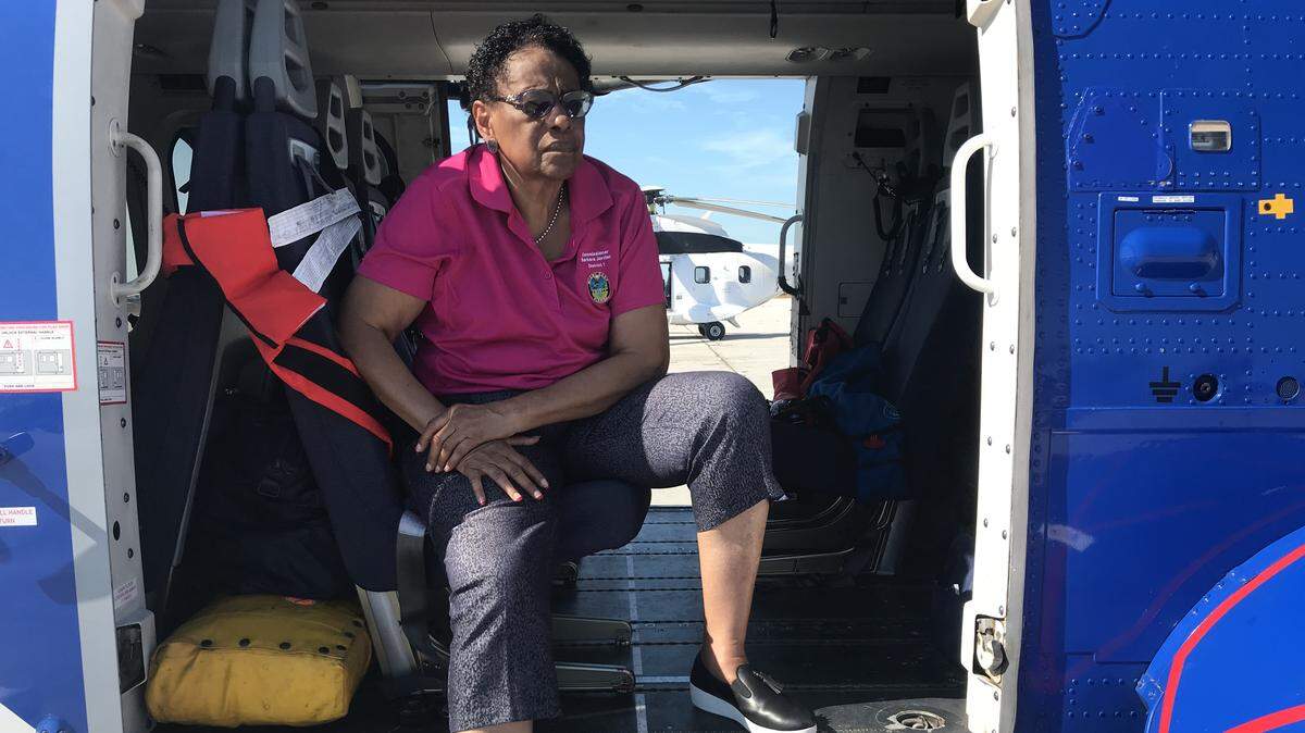 Miami-Dade Commissioner Barbara Jordan on a helicopter at the Freeport airport in Grand Bahama on Friday, Sept. 6, 2019, during a day trip by commissioners and Mayor Carlos Gimenez to survey damage from Hurricane Dorian.