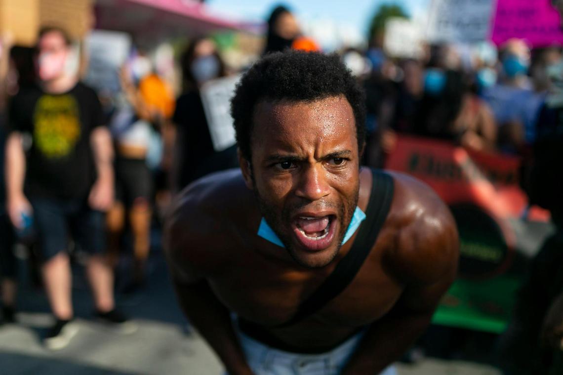 Jonathan Gartrelle, 31, a South Beach resident, participates in an anti-racism protest in Wynwood, Florida on Saturday, June 13, 2020.