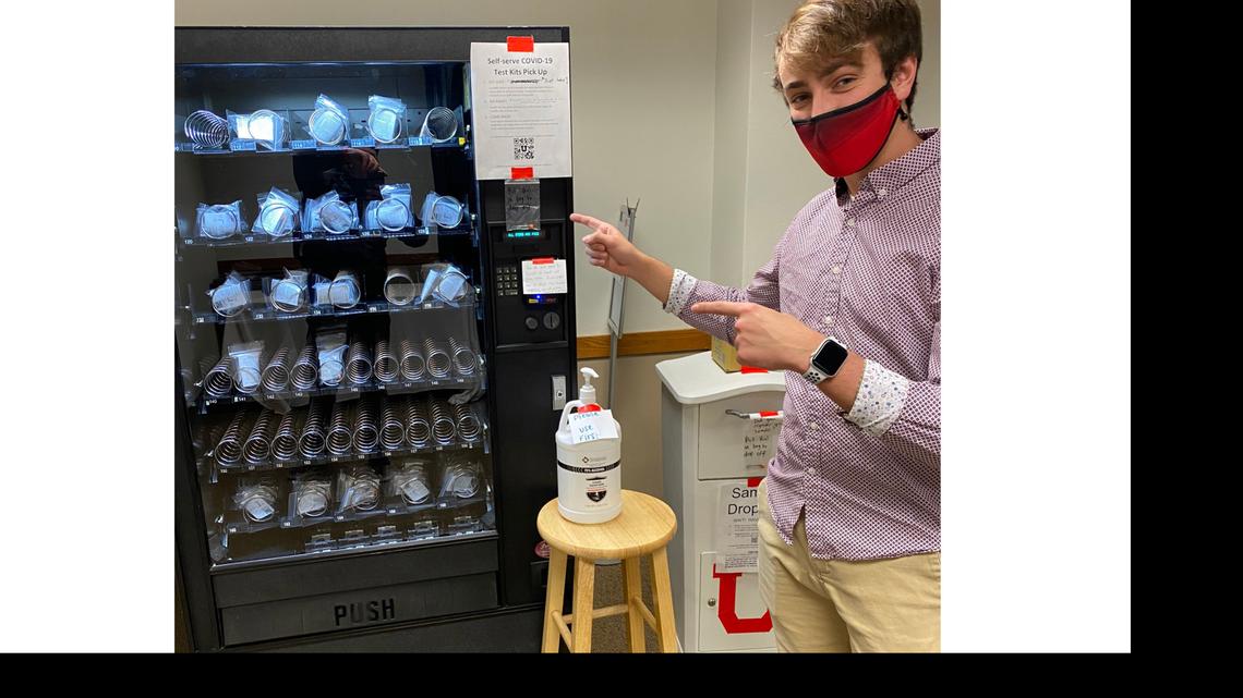 The COVID-19 tests inside the machines offer saliva testing kits that require spitting in a tube, sealing it and dropping it off at a sample collection site.