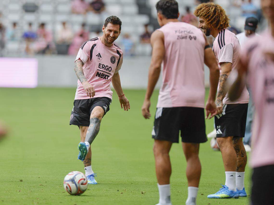 Inter Miami CF forward Lionel Messi (10) practices with teammates at Nu Stadium at Miami Freedom Park on Thursday, April 2, 2026, in Miami.