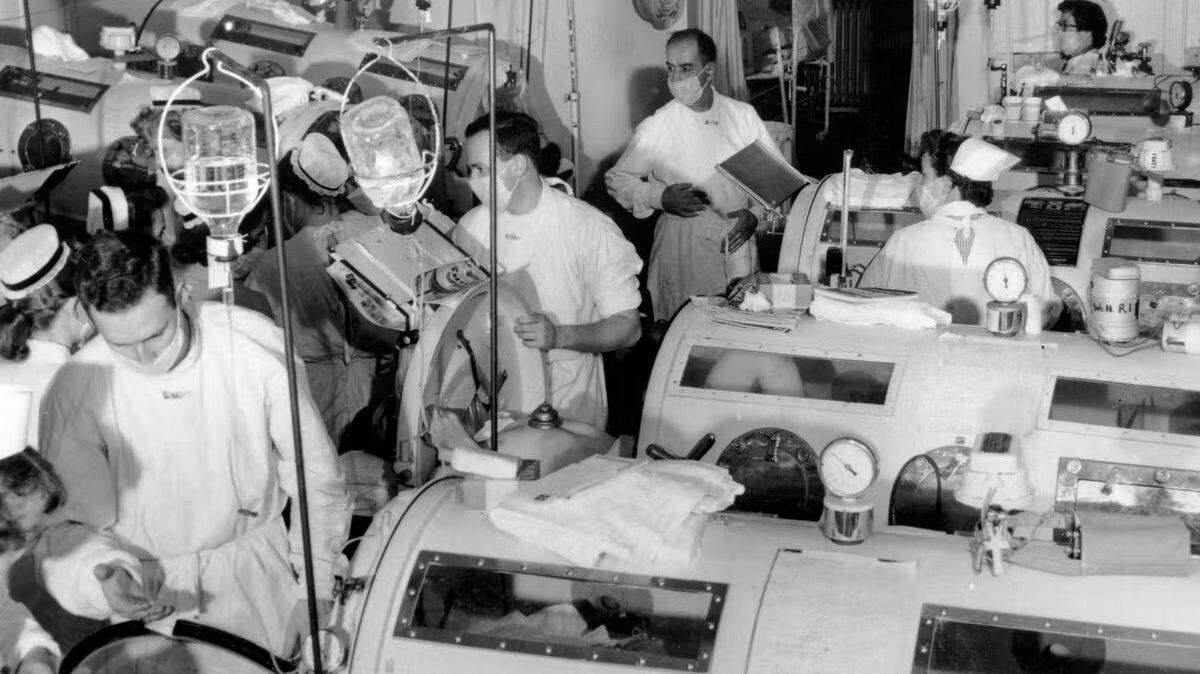 An emergency polio ward in Boston in 1955 equipped with iron lungs, pressurized respirators that acted as breathing muscles for polio victims, who often were paralyzed.