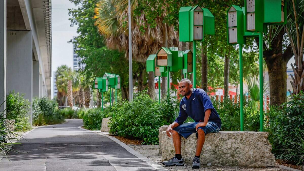 Nesto Monell, a US Army veteran, sits on a rock bench on the pedestrian trail sorrounded by native pollinator plants and bird houses along Mariposa Gardens at Segment 9 of The Underline on Tuesday, July 14, 2026 in Miami, Florida. The southernmost 7.36-mile phase extends from SW 65th Avenue to the Dadeland South Metrorail Station.