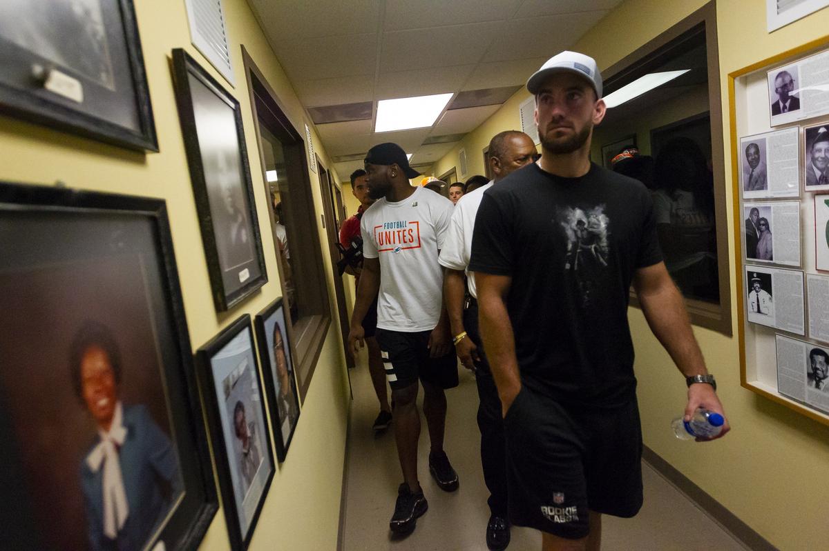Miami Dolphins’ kicker Jason Sanders (7) visits Overtown’s Historic Lyric Theater during the Football Unites: Cultural Tours on Tuesday, September 18, 2018. The event unites Miami Dolphins players, alumni and staff with community leaders and law enforcement to experience the cultural diversity of South Florida.