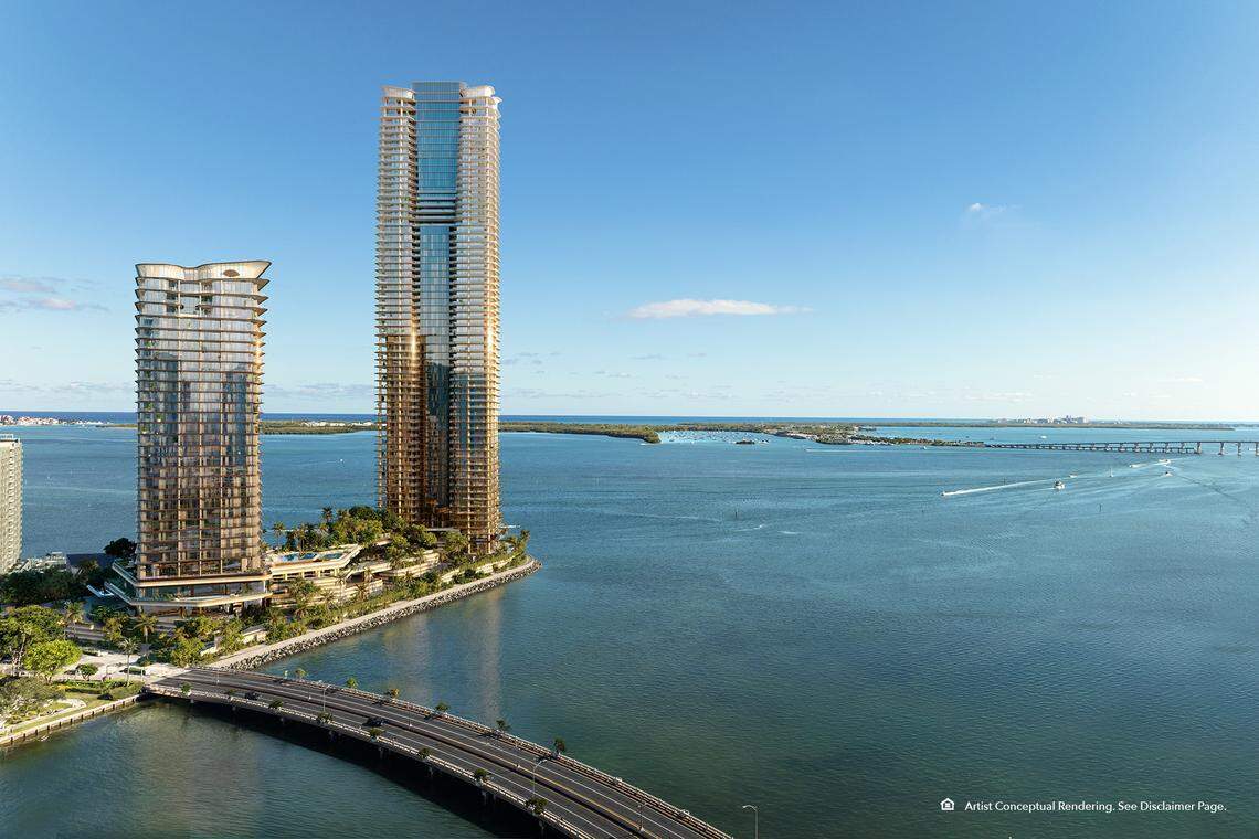 Rendering of two towers in The Residences at Mandarin Oriental, May 12, 2025. The hotel is the shorter tower, called the North Tower.