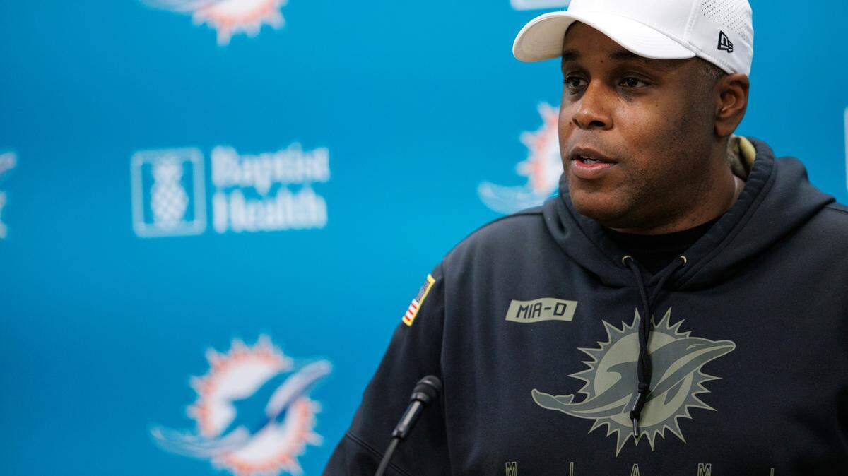 Miami Dolphins general manager Chris Grier speaks during press conference at Baptist Health Training Complex in Hard Rock Stadium on Wednesday, April 20, 2022 in Miami Gardens, Florida.