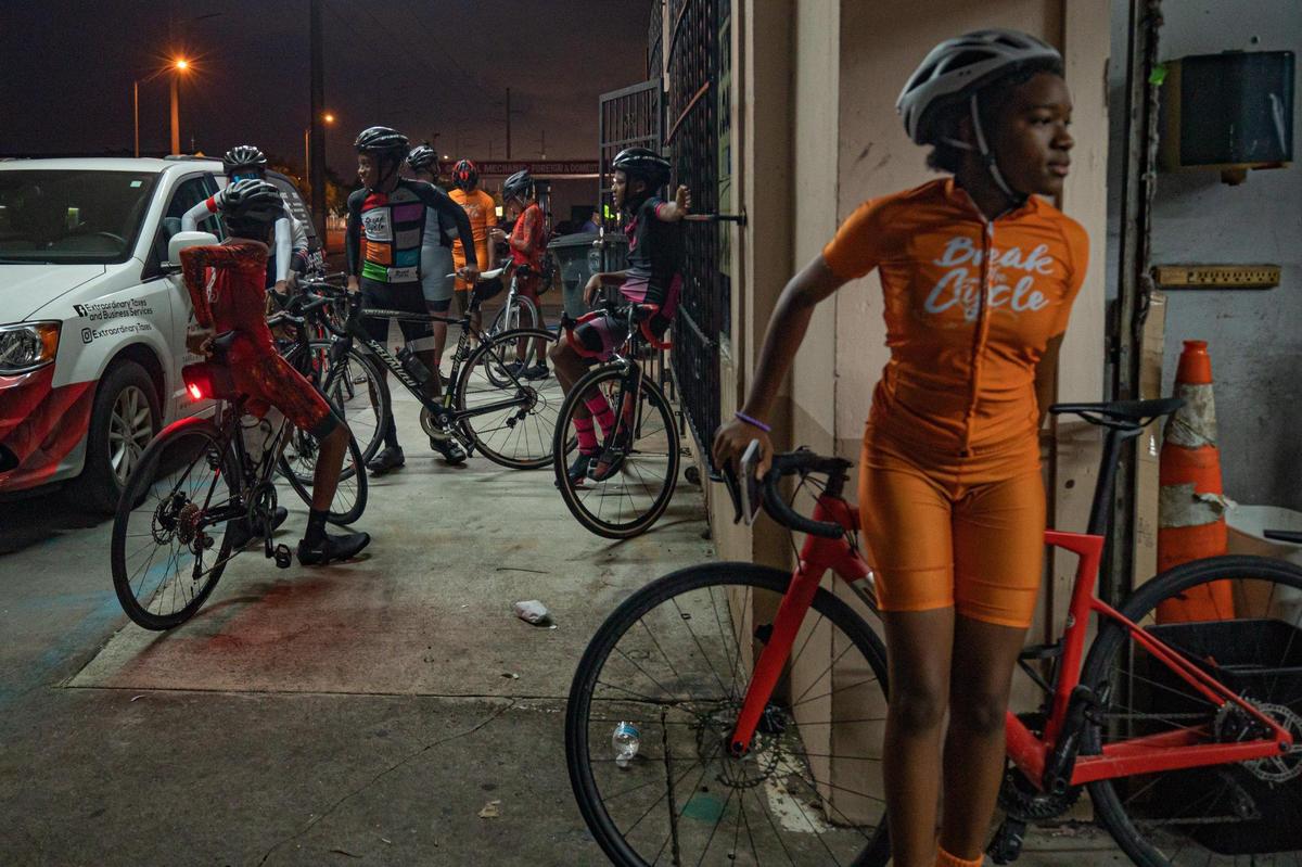 Ma’Ryah Medina, 14, right, looks on as Break the Cycle participants wait for training to begin in Miami, Florida on Thursday, October 20, 2022.