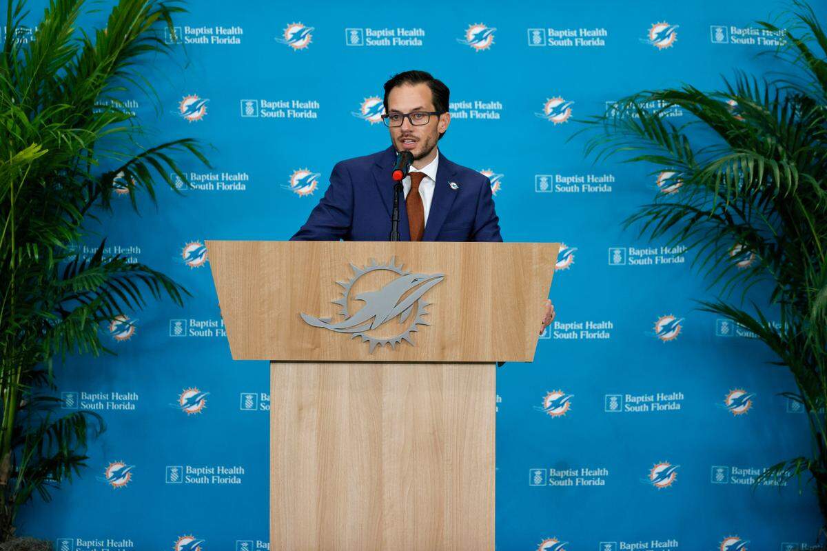 New Miami Dolphins head coach Mike McDaniel speaks at his introductory press conference at Baptist Health Training Complex in Hard Rock Stadium on Thursday, February 10, 2022 in Miami Gardens, Florida.