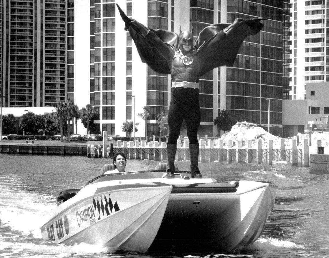 Fletcher McLane, dressed as Batman, aboard the Bat Cat ahead of the Miami boat show in 1989.