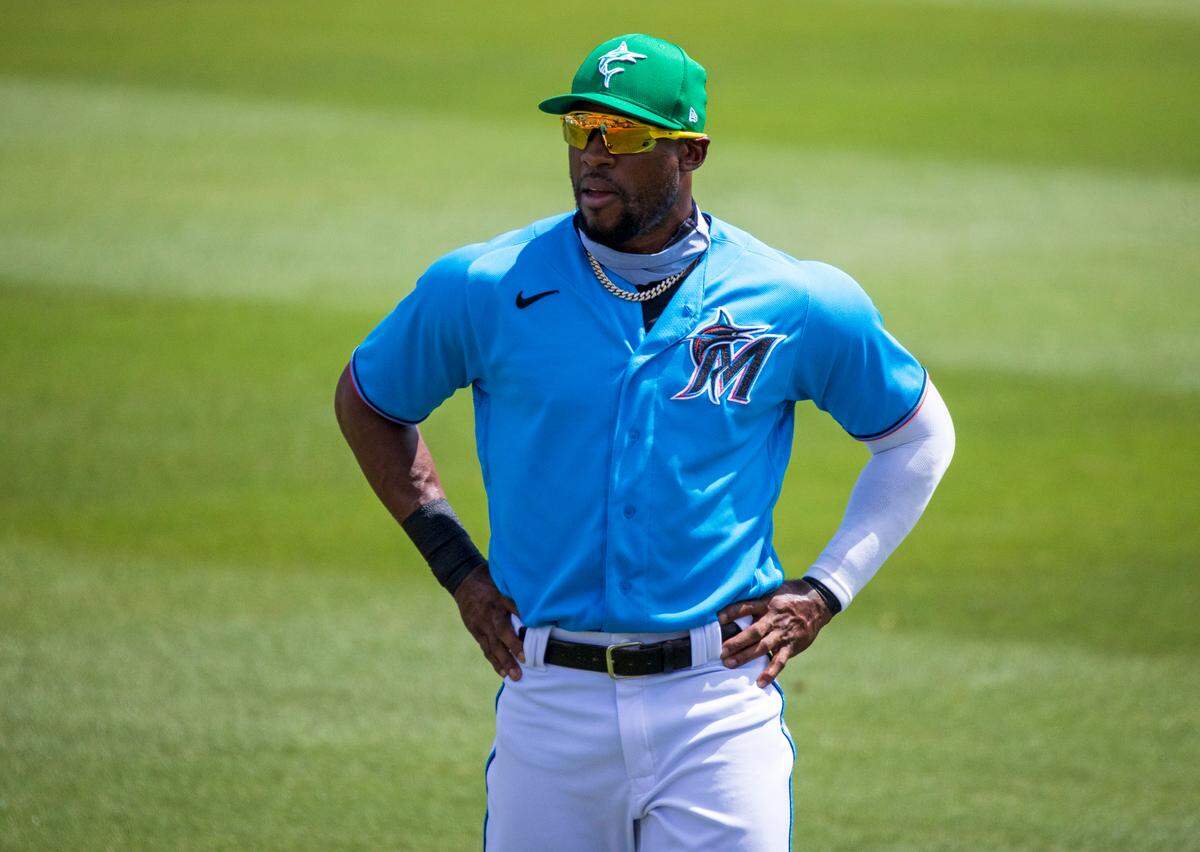 Miami Marlins center fielder Starling Marte (6) looks on before the start of their spring training baseball game against the New York Mets at Roger Dean Chevrolet Stadium on Wednesday, March 17, 2021 in Jupiter, Florida.