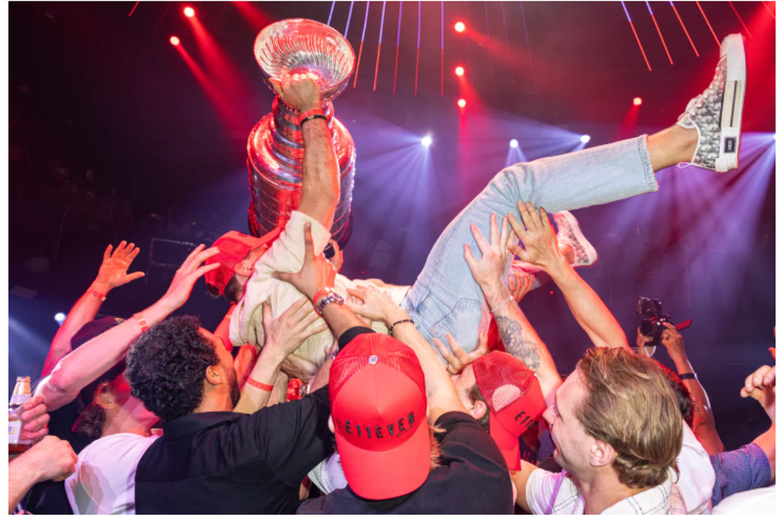 MIAMI, FLORIDA – JUNE 19: Brad Marchand of the Florida Panthers is seen being thrown in the air by his teammates during the 2025 Stanley Cup win at E11EVEN Miami on June 19, 2025 in Miami, Florida. Alexander Tamargo/Getty Images for E11EVEN